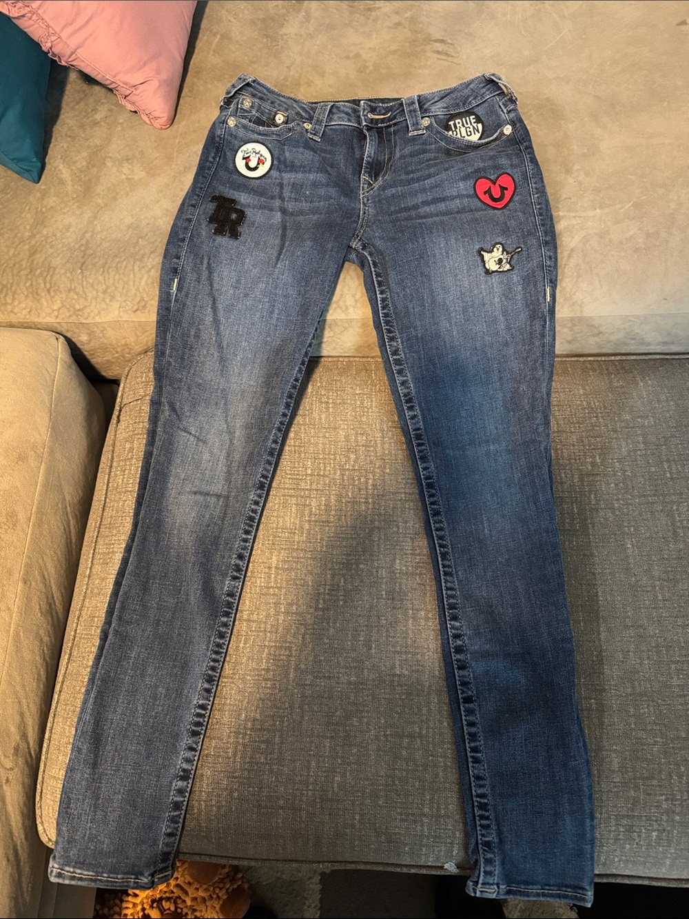 True Religion Women's Dark Blue Skinny Jeans with Patch Accents